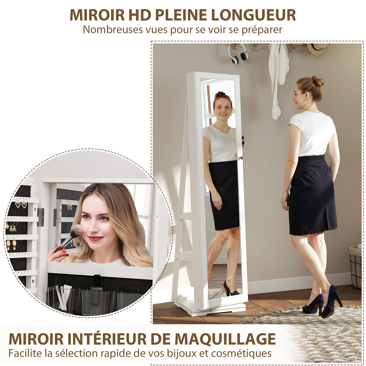 Lockable Swivel Jewelry Armoire with Mirror - Multi-Storage Jewelry Cabinet - White Wood