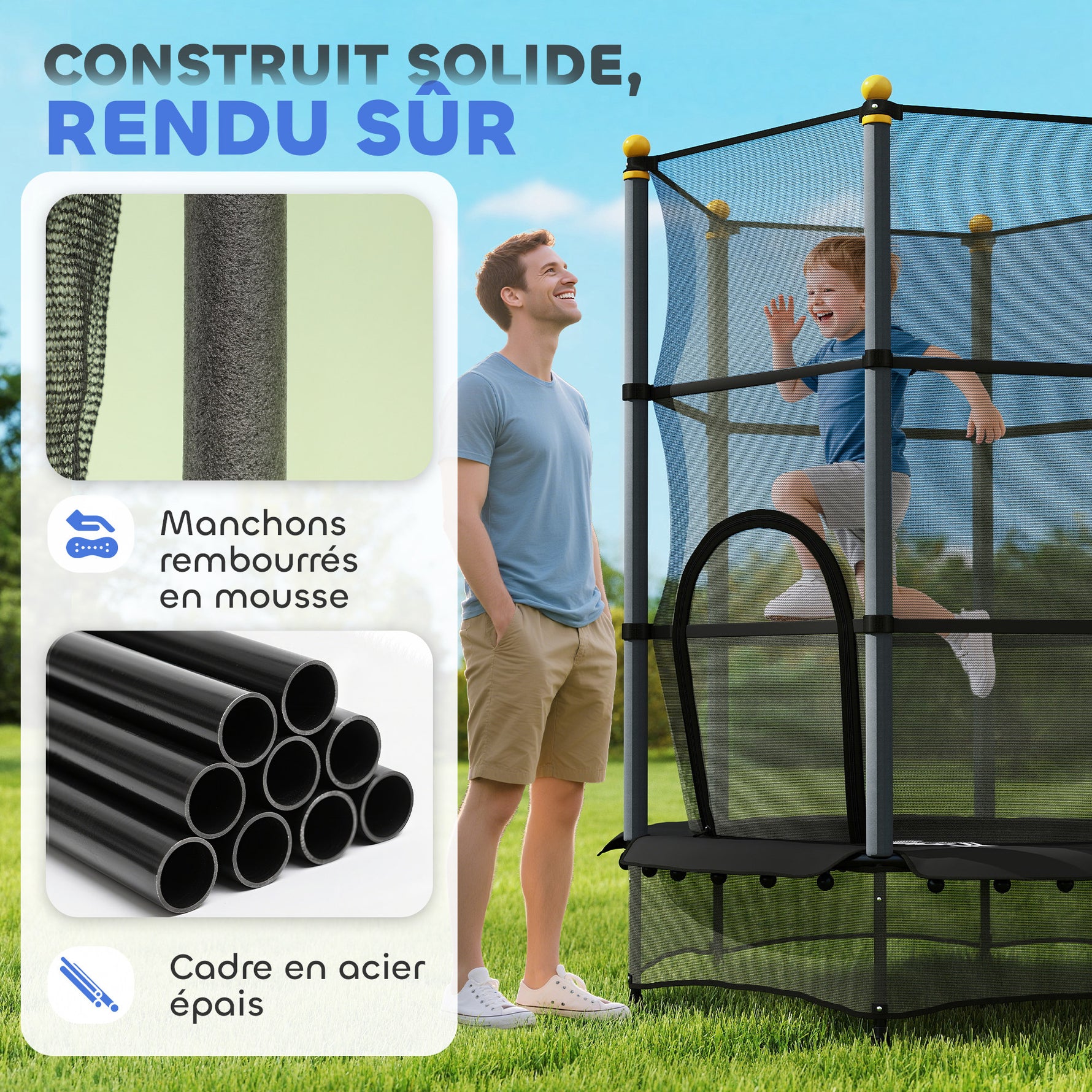 Trampoline Enfant Ø 1,40 × 1,90H m Filet de sécurité Porte zipée Couvre-Ressorts 6 poteaux rembourrés Inclus Noir