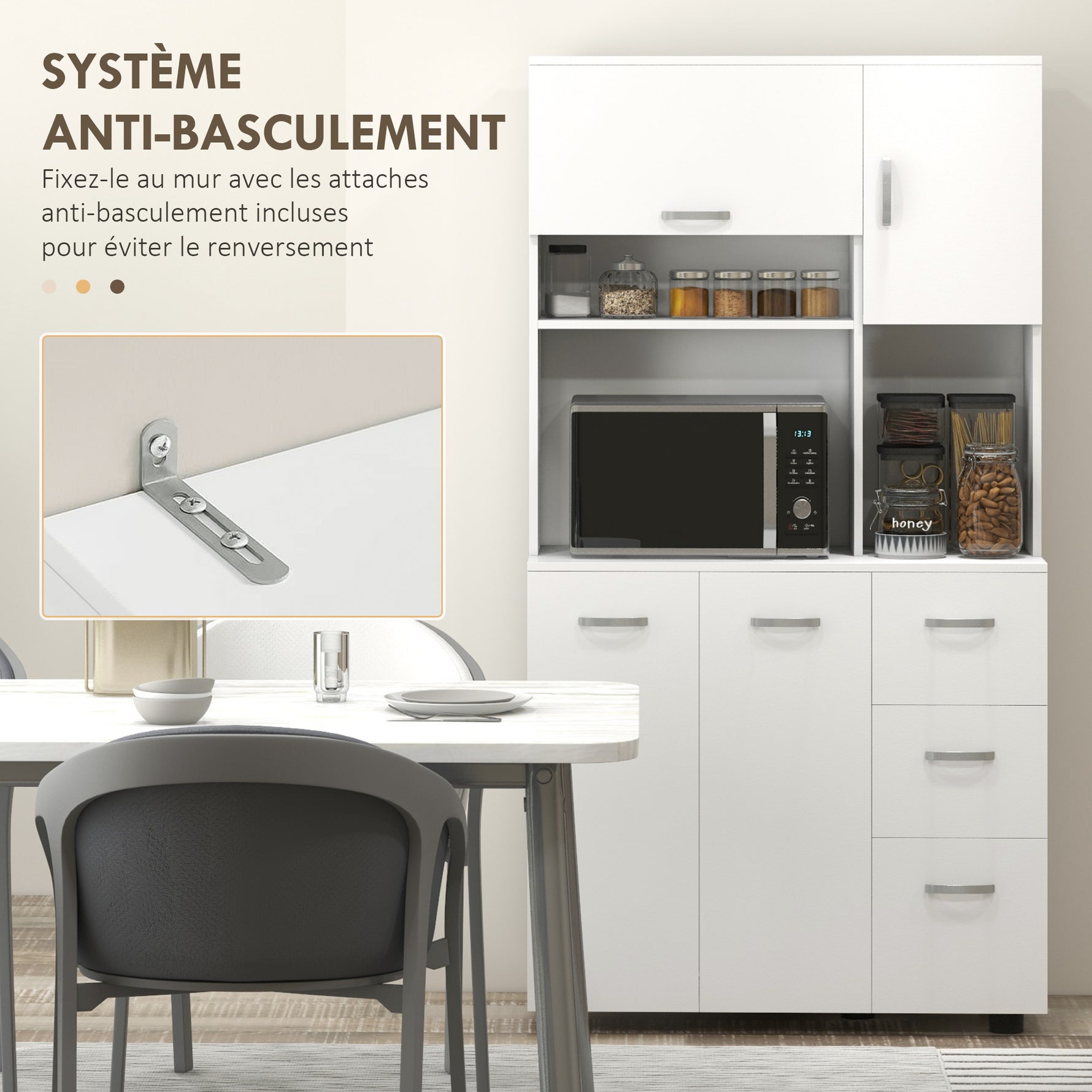 Armoire de cuisine multi-rangements 4 portes 3 tiroirs étagère + grand plateau 89L x 39,5l x 168H cm blanc