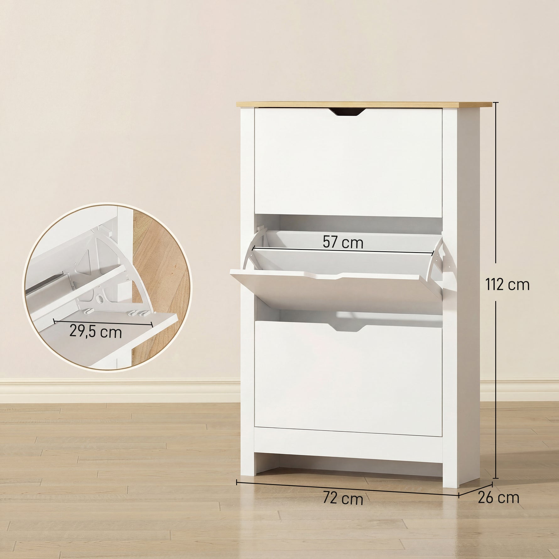 Armoire à Chaussures 3 Portes abattantes 2 Compartiments Panneaux Particules Blanc chêne