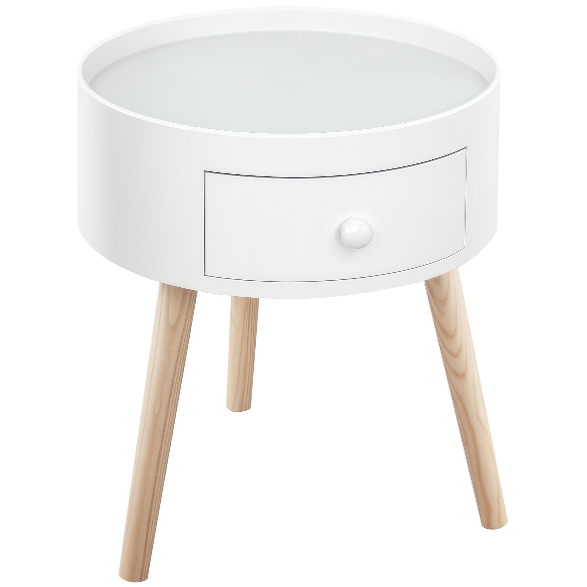 Table basse - table de chevet - table de nuit ronde - design scandinave table d'appoint bout de canapé avec tiroir pieds effilés inclinés bois massif chêne clair blanc