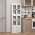Buffet haut cuisine, armoire de cuisine avec portes vitrées, tiroirs et étagères réglables, 59x30x170cm, blanc brillant