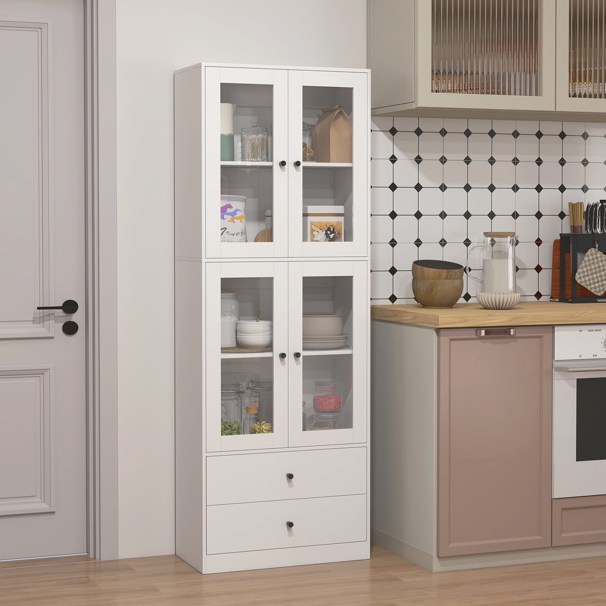 Buffet haut cuisine, armoire de cuisine avec portes vitrées, tiroirs et étagères réglables, 59x30x170cm, blanc brillant