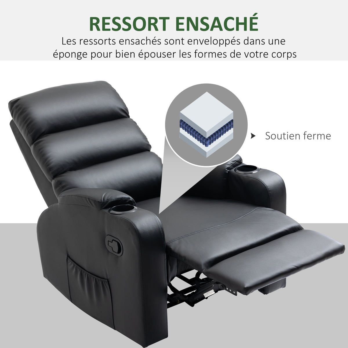 Poltrona relax reclinabile con poggiapiedi regolabile, rivestimento sintetico nero