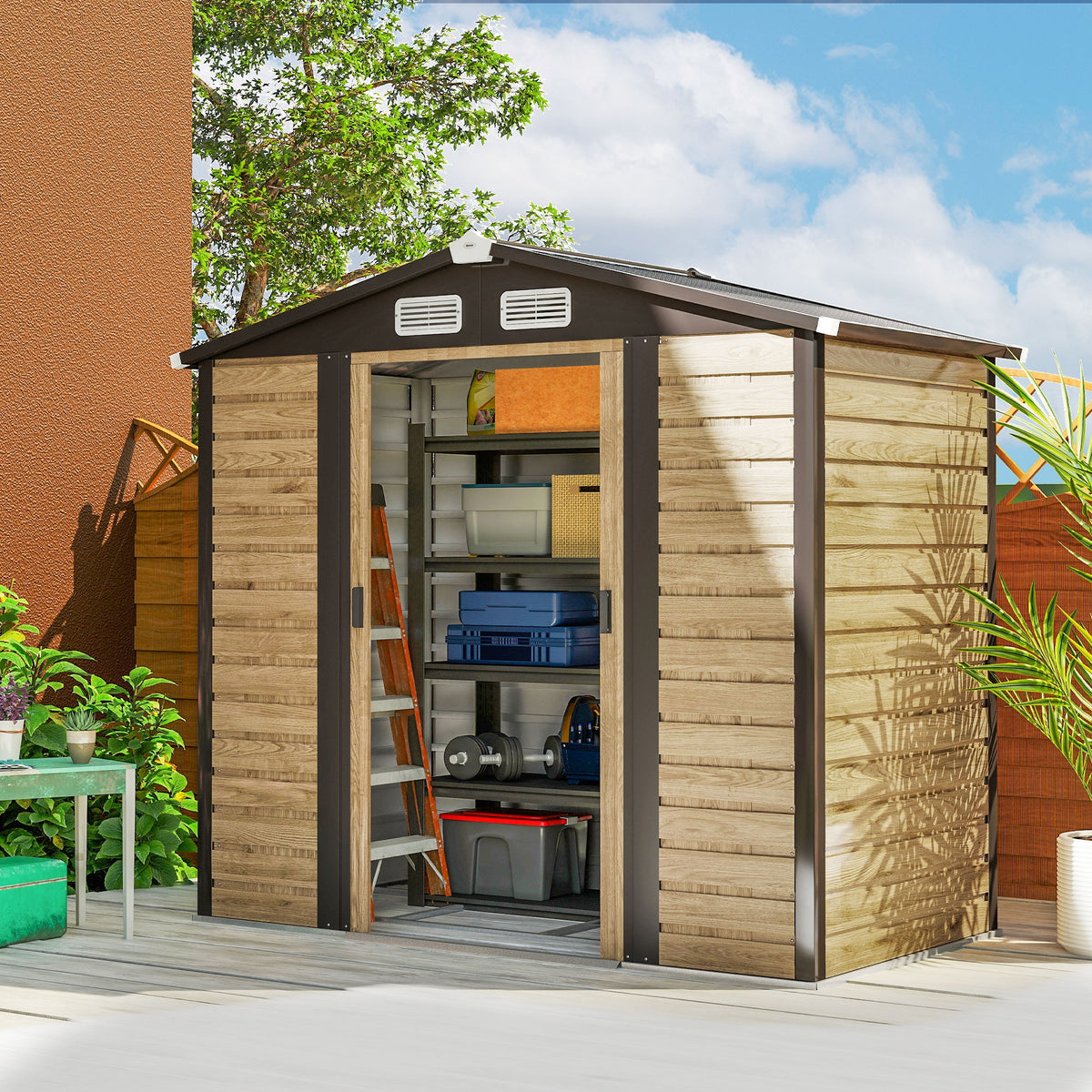 Abri de jardin 2,36 m², cabane de jardin exterieur en acier galvanisé facile à monter, 213x120x194cm chêne