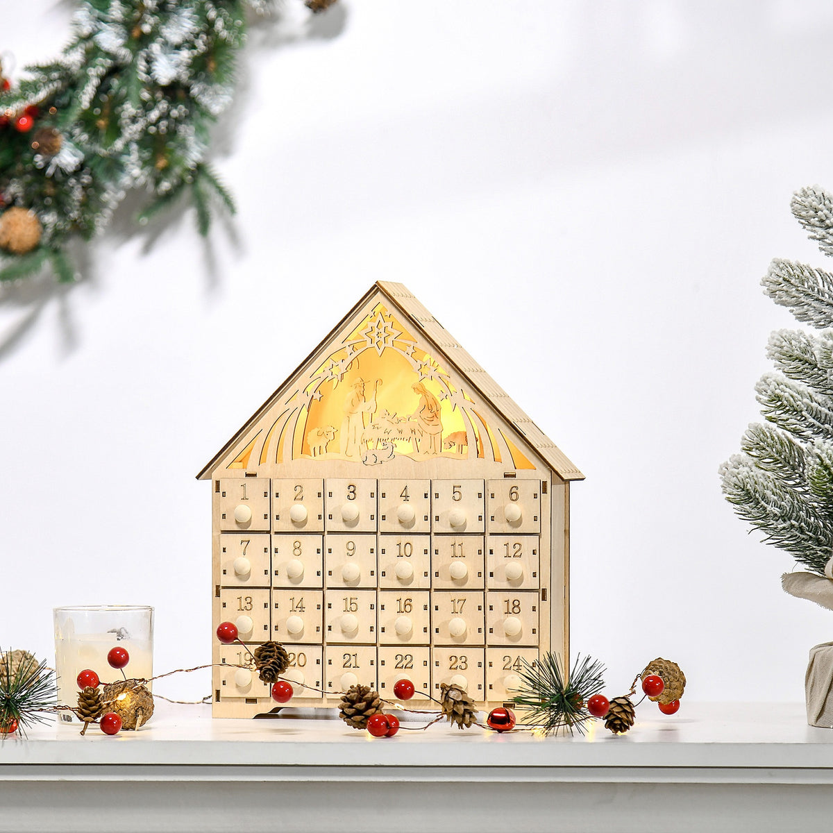 Calendario dell'Avvento in legno da riempire, decorazione natalizia con 24 cassetti e 5 luci LED, 26,6x6x30cm, legno naturale