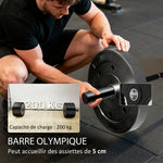 Barre Olympique de 50 mm en Acier Finition Mate avec Prise Moletée et Manchons Longs, Charge 200 kg, Ø5 x 180 cm, Noir