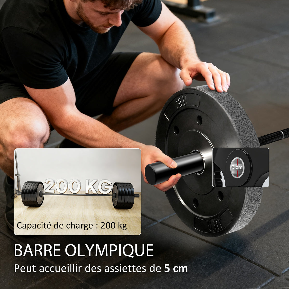 Barre Olympique de 50 mm en Acier Finition Mate avec Prise Moletée et Manchons Longs, Charge 200 kg, Ø5 x 180 cm, Noir
