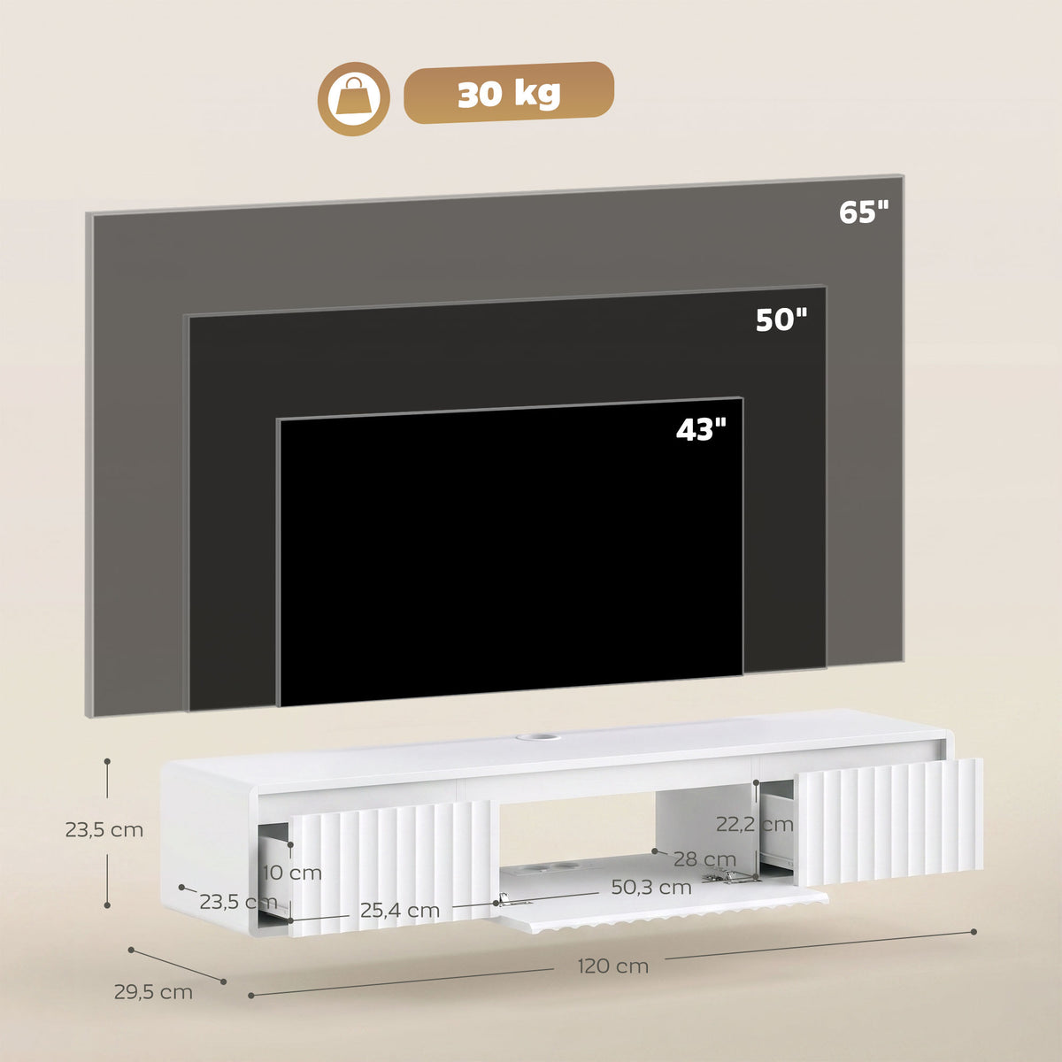 Meuble TV Suspendu Flottant 120 cm avec Éclairage LED et Prises, Meuble Télé pour Téléviseur 65 Pouces, Blanc