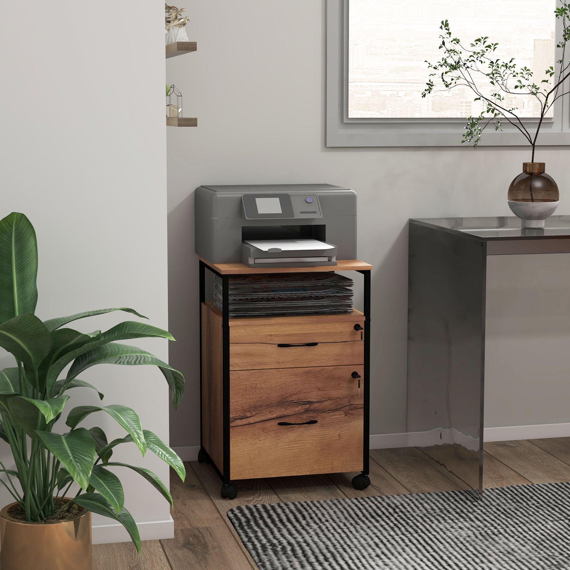 Caisson bureau mobile avec 2 tiroirs, meuble rangement bureau sur roulettes avec barres pour dossiers, marron