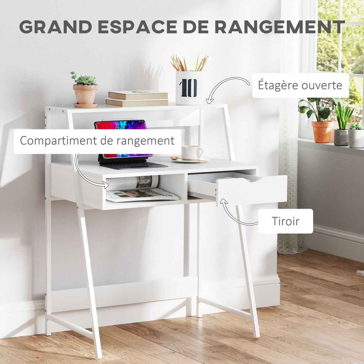 Bureau secrétaire Bureau Informatique Style néo-rétro tiroir Niche étagère métal Blanc