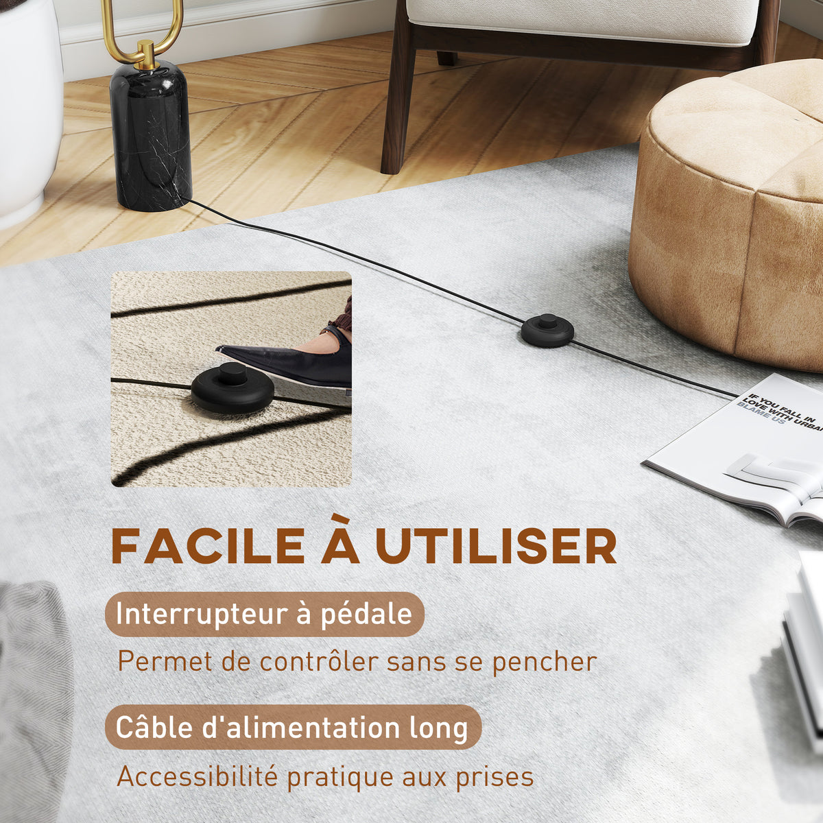 Lampadaire sur pied de salon lampe sur pied avec 2 abat-jours en verre, base en marbre et interrupteur à pied, blanc