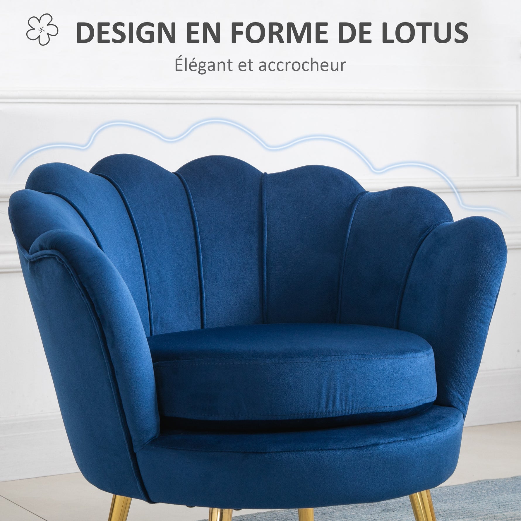Fauteuil salon fauteuil en velours fauteuil coquillage avec pieds en métal doré pour chambre à coucher, bleu