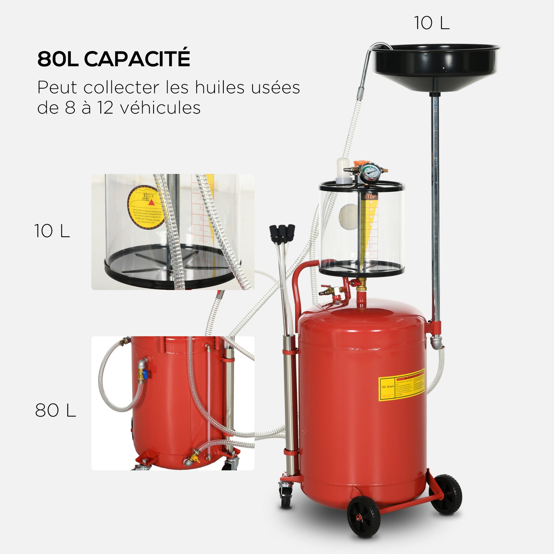 Récupérateur d'huile de vidange portable 2-en-1 avec hauteur réglable et vidangeur d'huile pneumatique de 80L