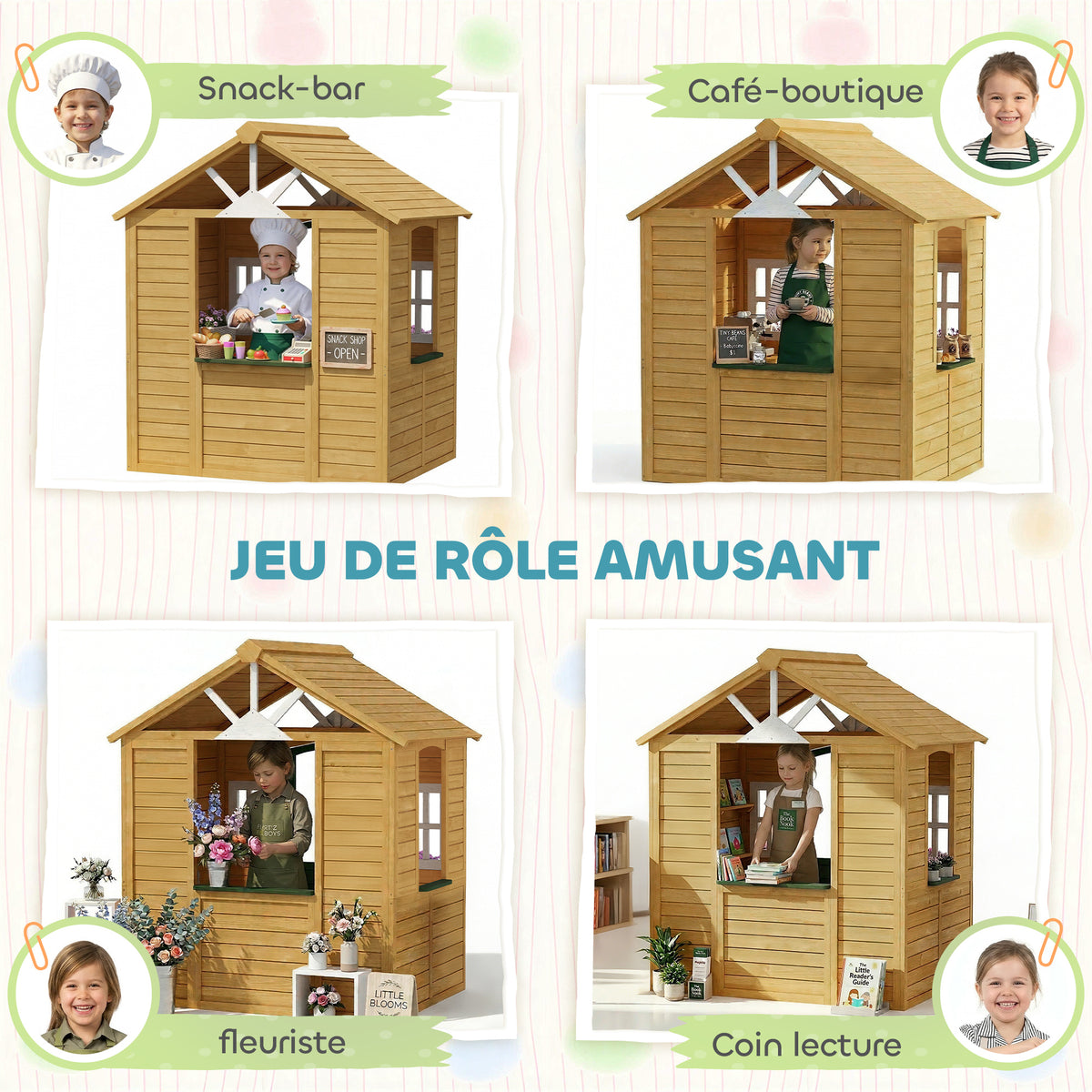 Cabane enfant extérieur en bois, maison enfant extérieure avec porte, fenêtres, 2 bacs à fleurs, 134,5x97x150cm, marron