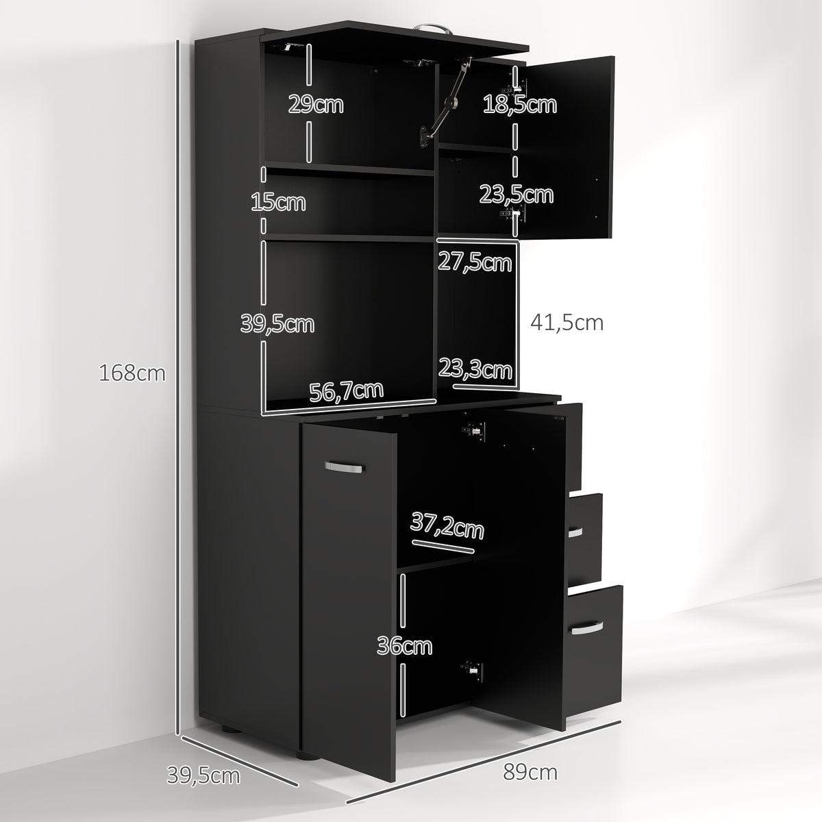 Mobile da cucina multi-ripiano, 4 ante, 3 cassetti, mensola + ampio piano d'appoggio, 89L x 39,5P x 168A cm, nero