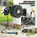 Enrouleur Tuyau Arrosage Mural Automatique 25m Dévidoir Automatique Pistolet d'Arrosage 10+2 Modes 55x31x50cm Bleu