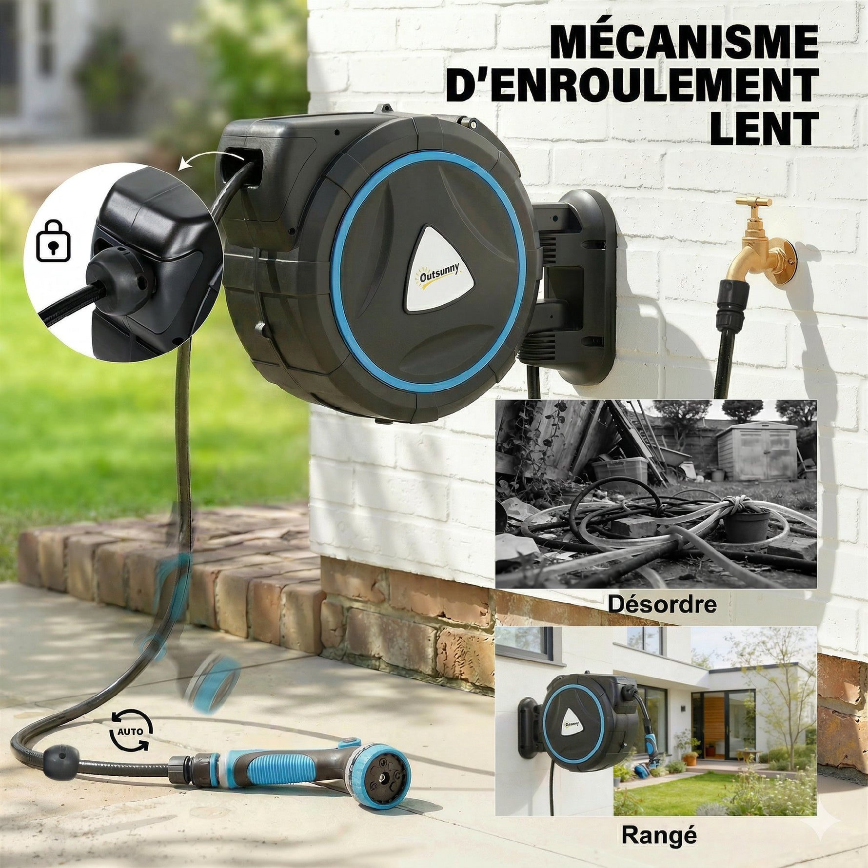 Enrouleur Tuyau Arrosage Mural Automatique 25m Dévidoir Automatique Pistolet d'Arrosage 10+2 Modes 55x31x50cm Bleu