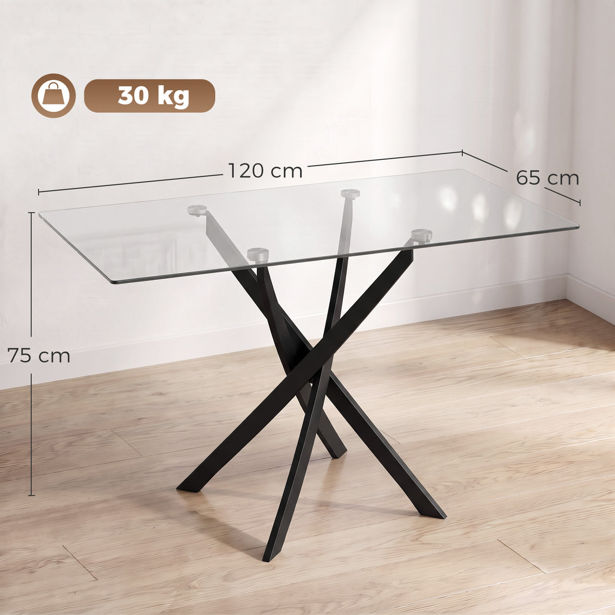 Mesa de Cocina, Tablero de Vidrio Templado, Base Cruzada de Acero, Estilo Moderno, para Comedor, Cocina, Sala de Estar