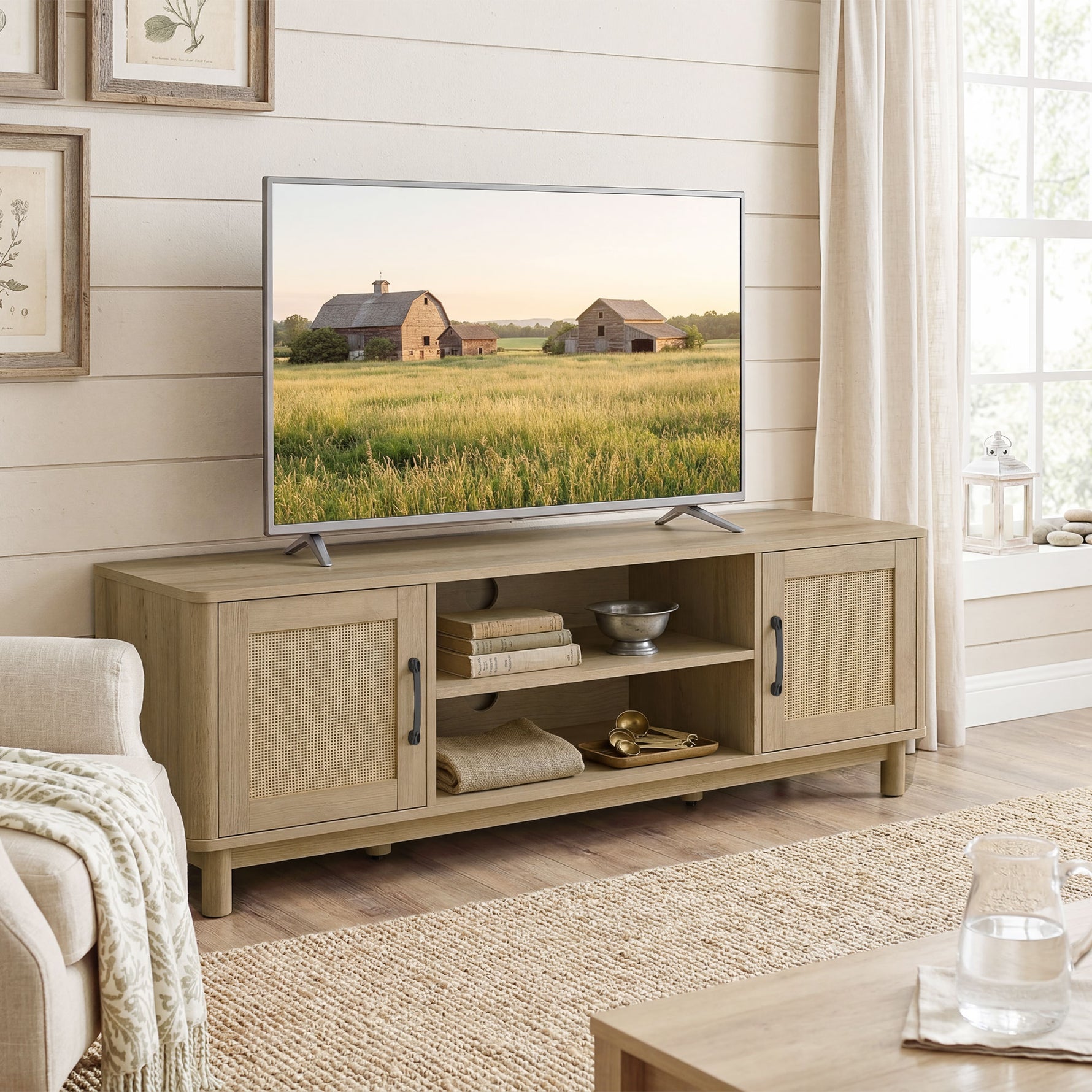 Meuble TV 135 cm, meuble télé pour téléviseur jusqu'à 65 pouces avec 2 portes en rotin, 2 compartiments ouverts, chêne