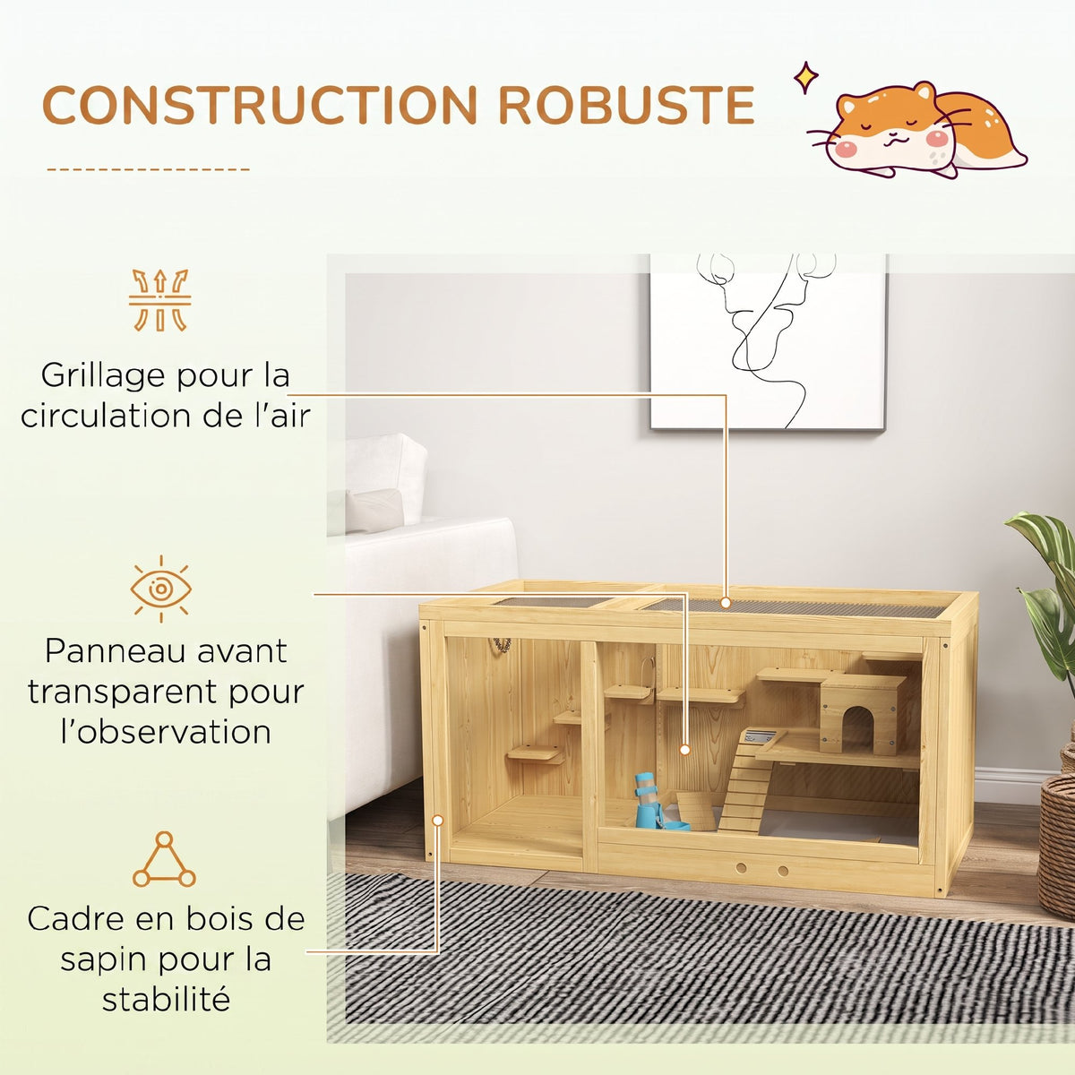 Cage Hamster Habitat pour Rongeurs Souris Plusieurs Niveaux Plateformes Échelle Balançoires 100 x 50 x 50 cm Naturel