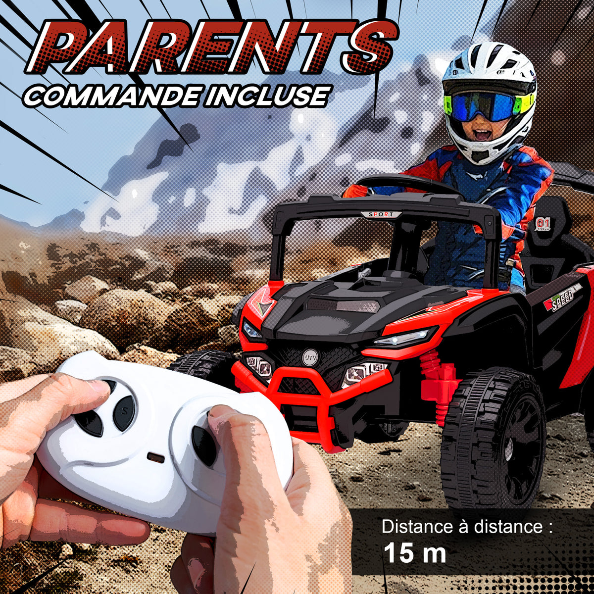 Voiture électrique enfant UTV, buggy électrique enfant 12V 2 moteurs, télécommande, LED, musique, klaxon, 3-8 ans, rouge
