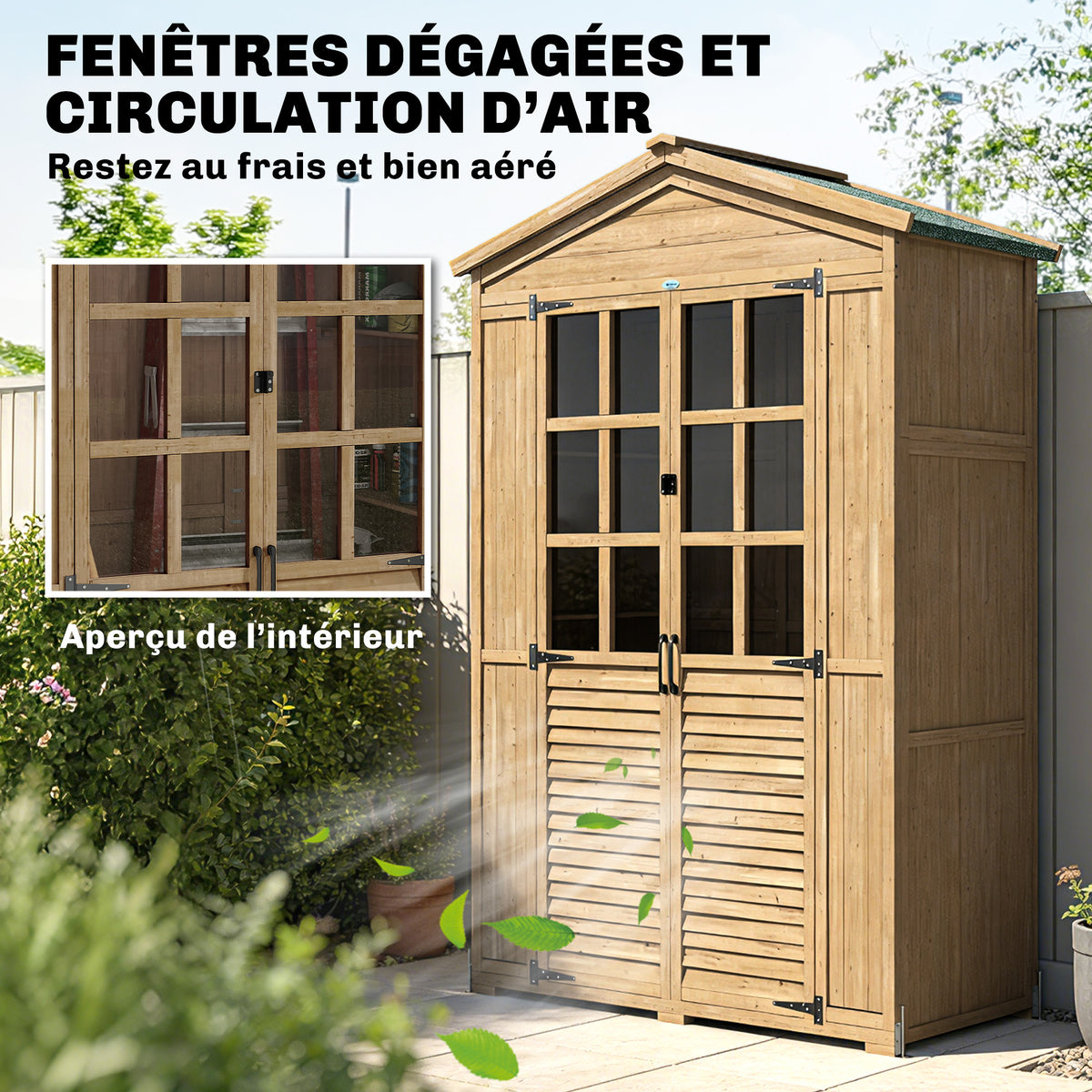 Abri de jardin Armoire de jardin pour outils avec Étagères et Fenêtres en Acrylique, 128 x 57,5 x 197 cm marron clair