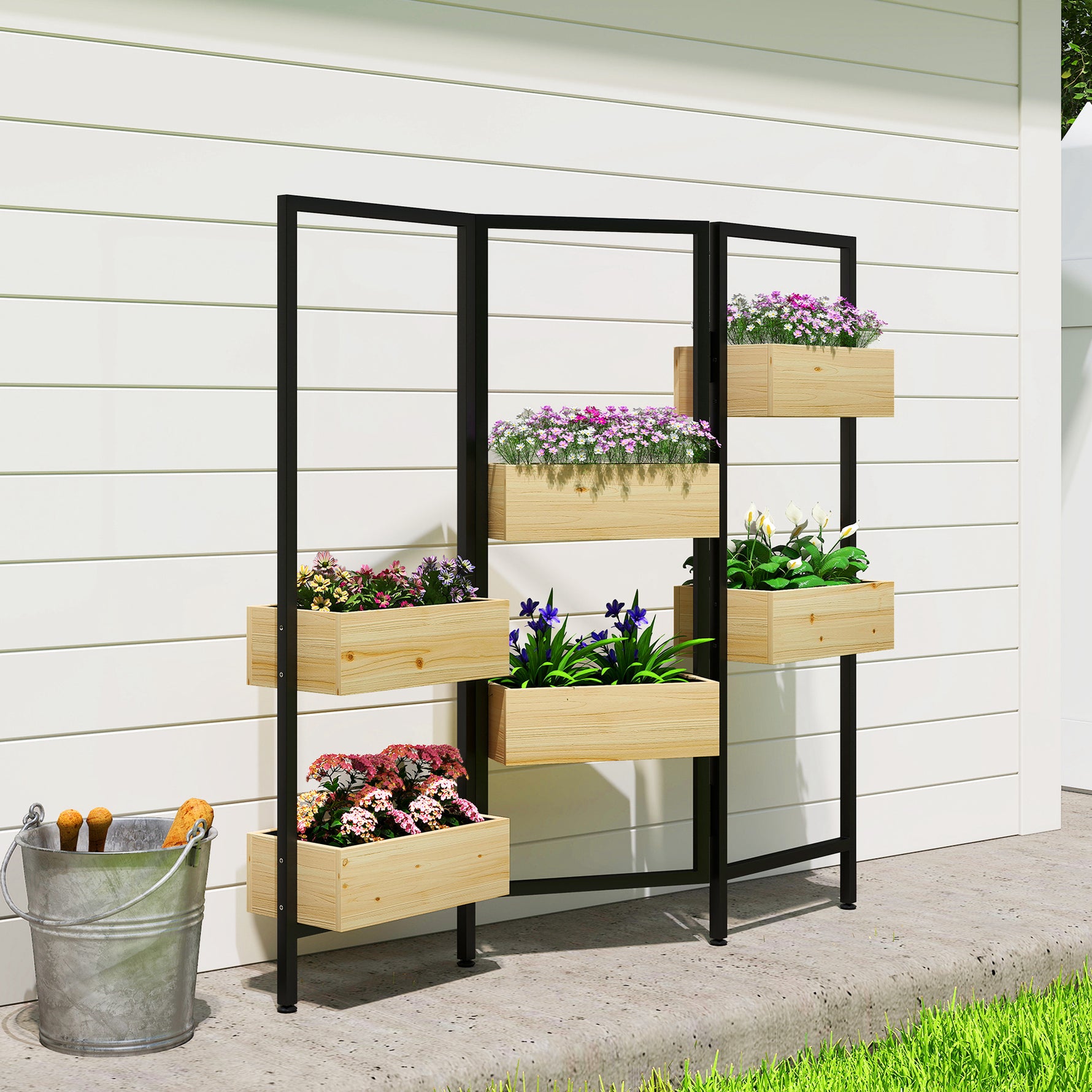 Séparateur de pièce avec 6 bacs, paravent extérieur pliable à 3 panneaux avec trou de drainage et doublure, bois naturel