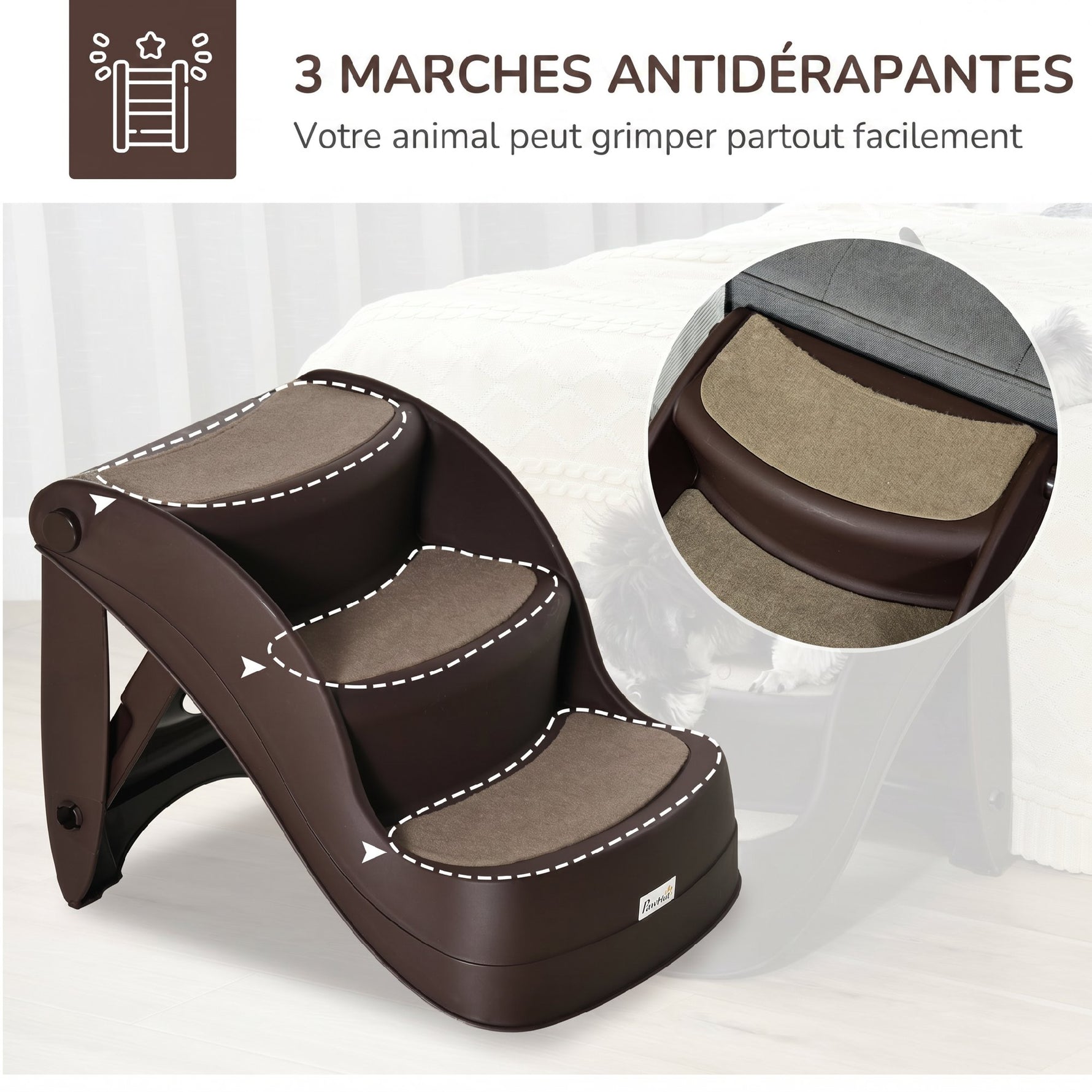 Escalier pour Chien Pliant à 3 Marches Antidérapantes, pour Chiens Âgés, Chiots, Lit, Canapé, 49x38x38cm, Marron