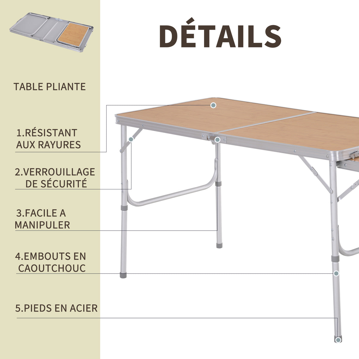 Table Pliante Table de Camping Table de Jardin avec rallonge Hauteur réglable Aluminium MDF Imitation Bambou
