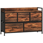 Cómoda, mueble de almacenaje con 5 cajones de tela plegables, tablero y estructura de acero, 98 x 29 x 63 cm, marrón rústico
