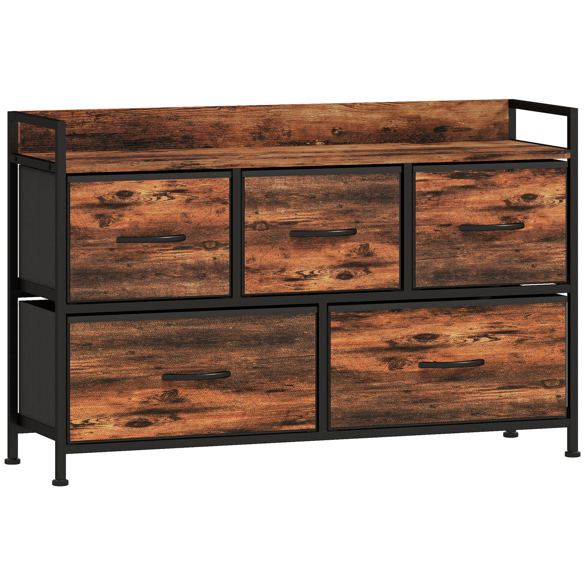 Cómoda, mueble de almacenaje con 5 cajones de tela plegables, tablero y estructura de acero, 98 x 29 x 63 cm, marrón rústico