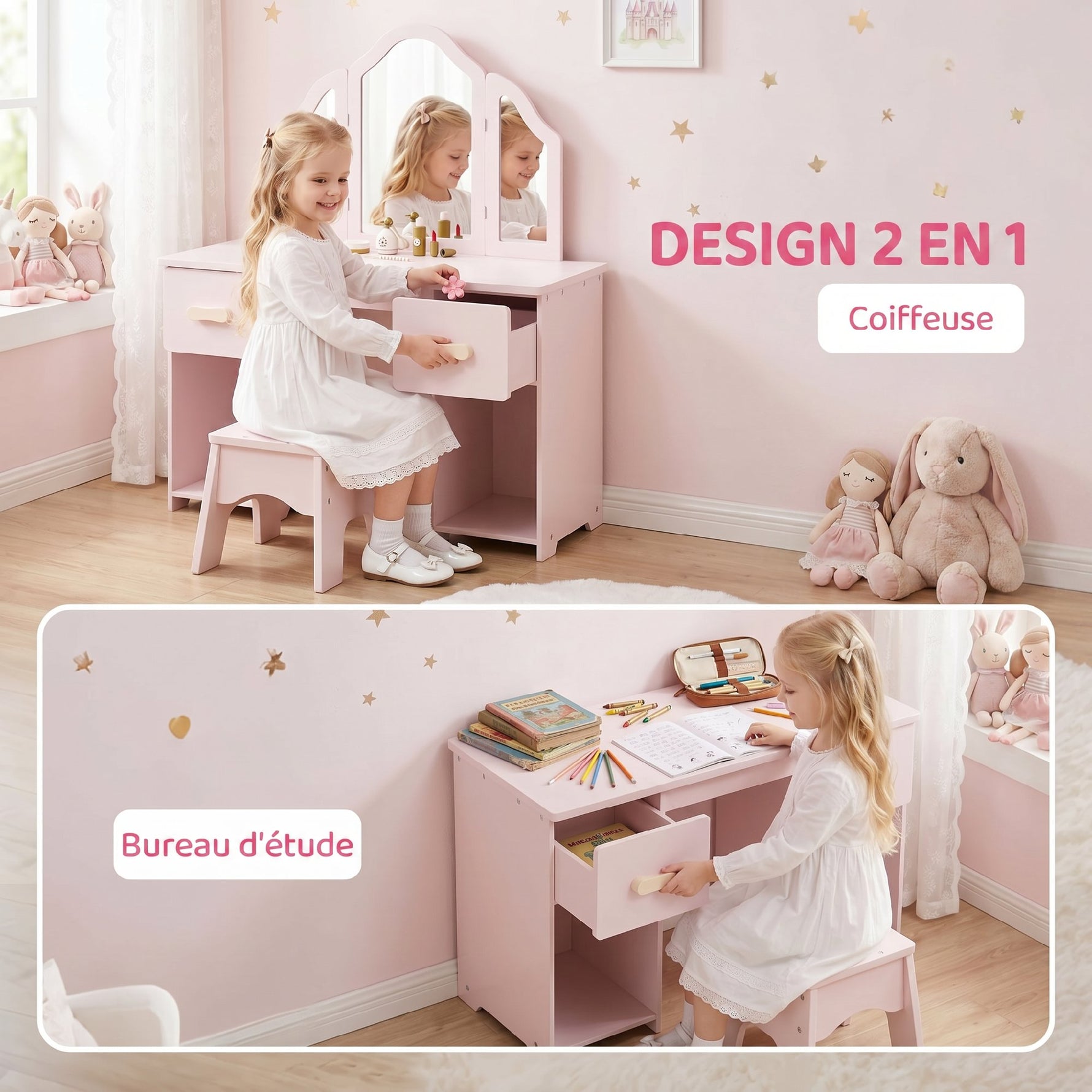 Coiffeuse pour Enfants avec Tabouret et Miroir à Trois Volets en Acrylique, 2 Tiroirs et 2 Placards, Rose