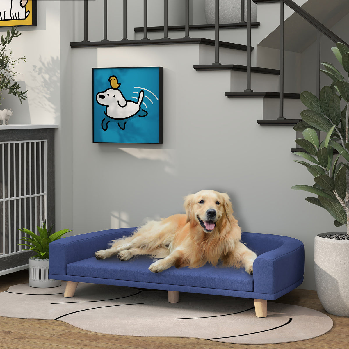 Txakur-sofa, txakur-ohe altxatua, kuxin garbigarria, egurrezko markoa, poliesterrezko ehuna, 98 x 67 x 25 cm, urdina