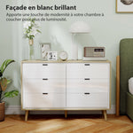 Commode 6 tiroirs, meuble de rangement à haute brillance, 5 pieds en bois, 110 x 40 x 75 cm, blanc et chêne