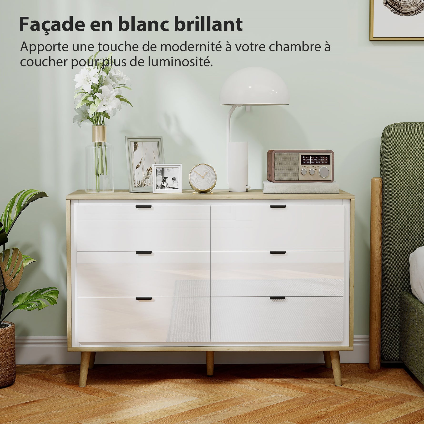 Commode 6 tiroirs, meuble de rangement à haute brillance, 5 pieds en bois, 110 x 40 x 75 cm, blanc et chêne