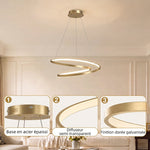 Suspension Luminaire avec 2 Anneaux, Lustre Suspendu LED à 3 Températures de Couleur, Hauteur Réglable, Doré