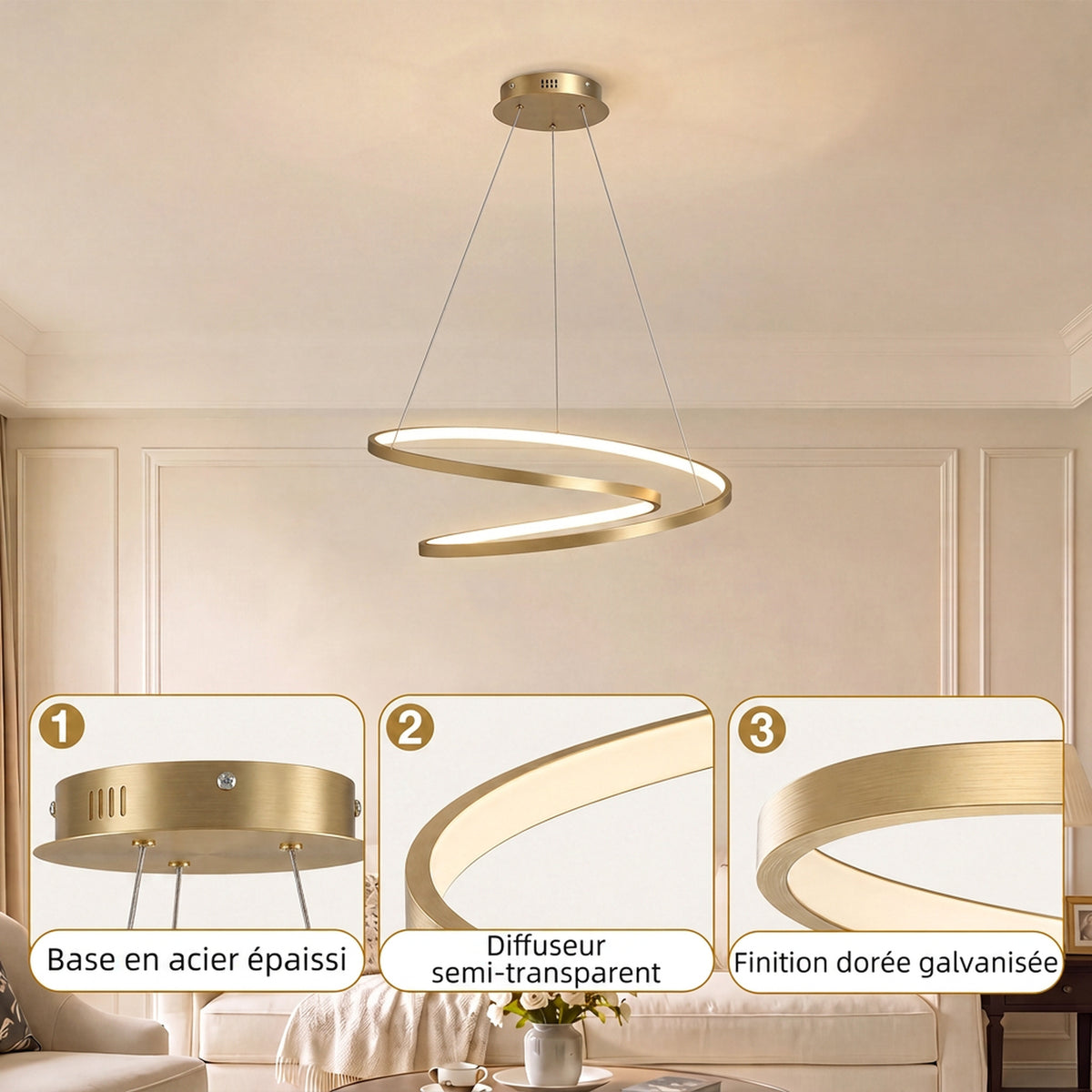 Suspension Luminaire avec 2 Anneaux, Lustre Suspendu LED à 3 Températures de Couleur, Hauteur Réglable, Doré
