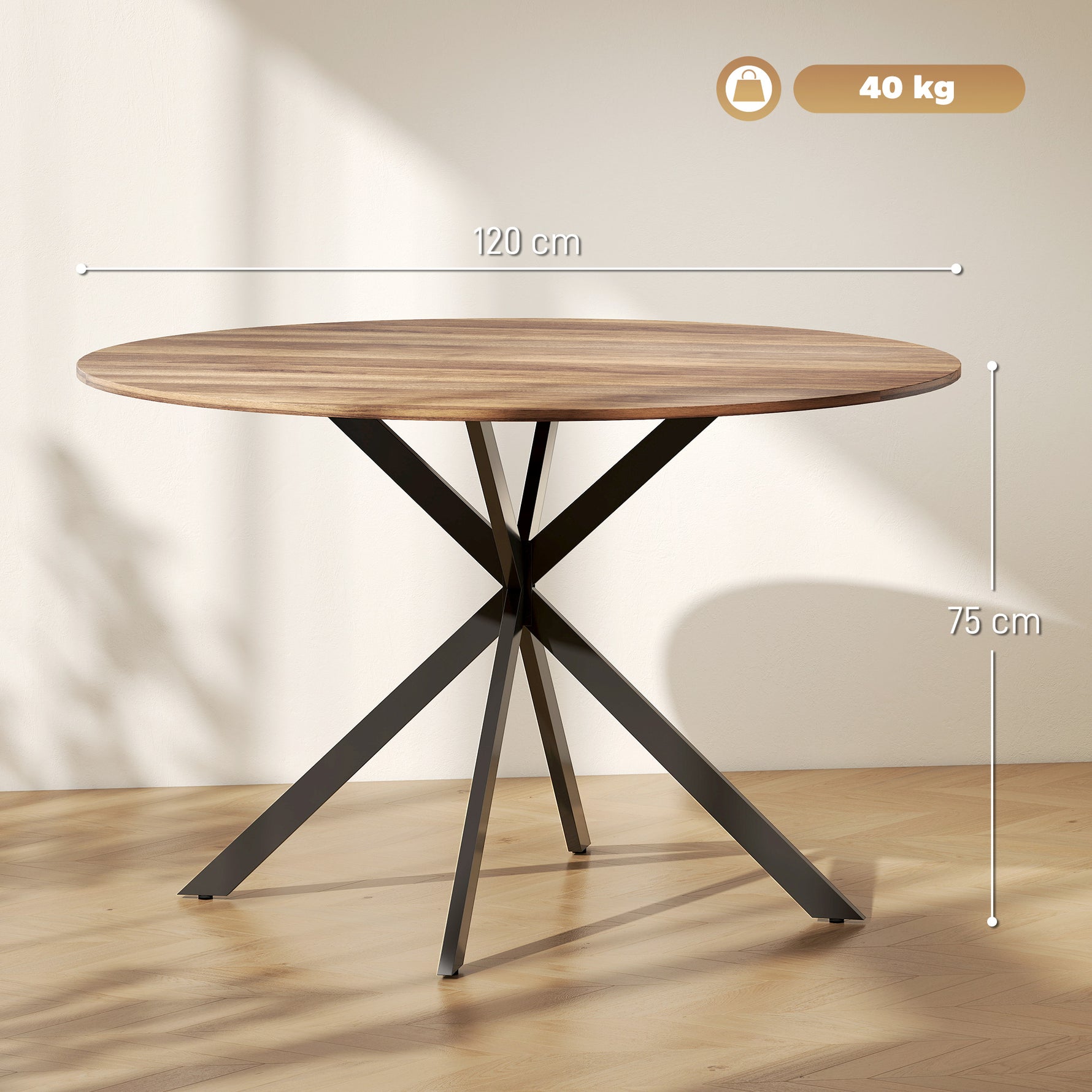 Table à manger ronde pour 4 personnes 120 cm style industriel avec plateau aspect bois, piètement croisé en acier, marron
