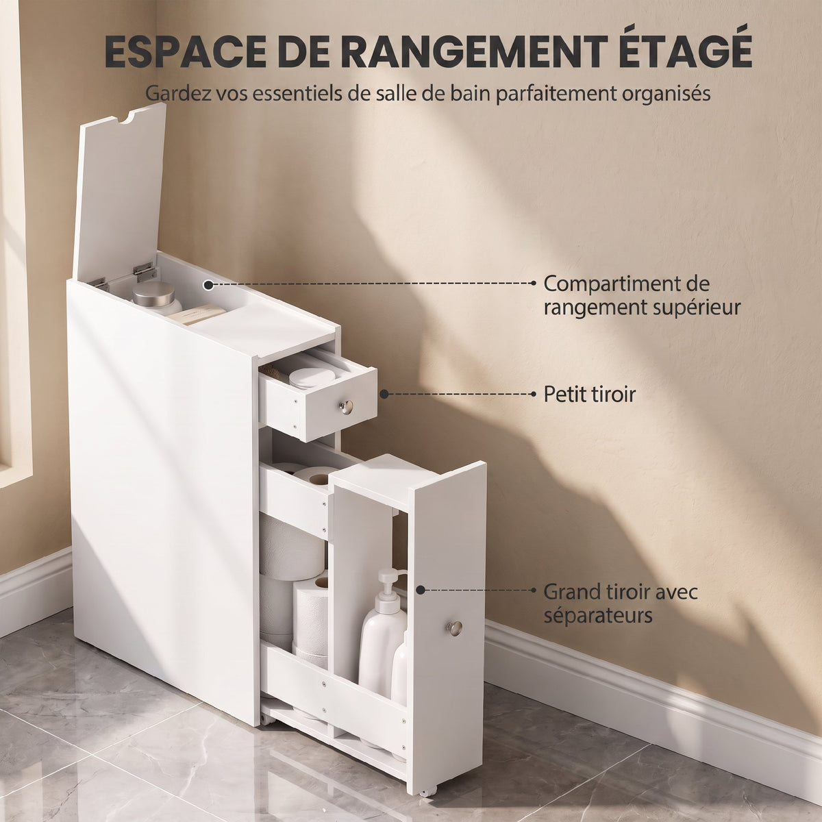 Meuble de salle de bain étroit, armoire de salle de bain sur pied avec 2 tiroirs et étagère ouverte, 16x48x58cm, blanc