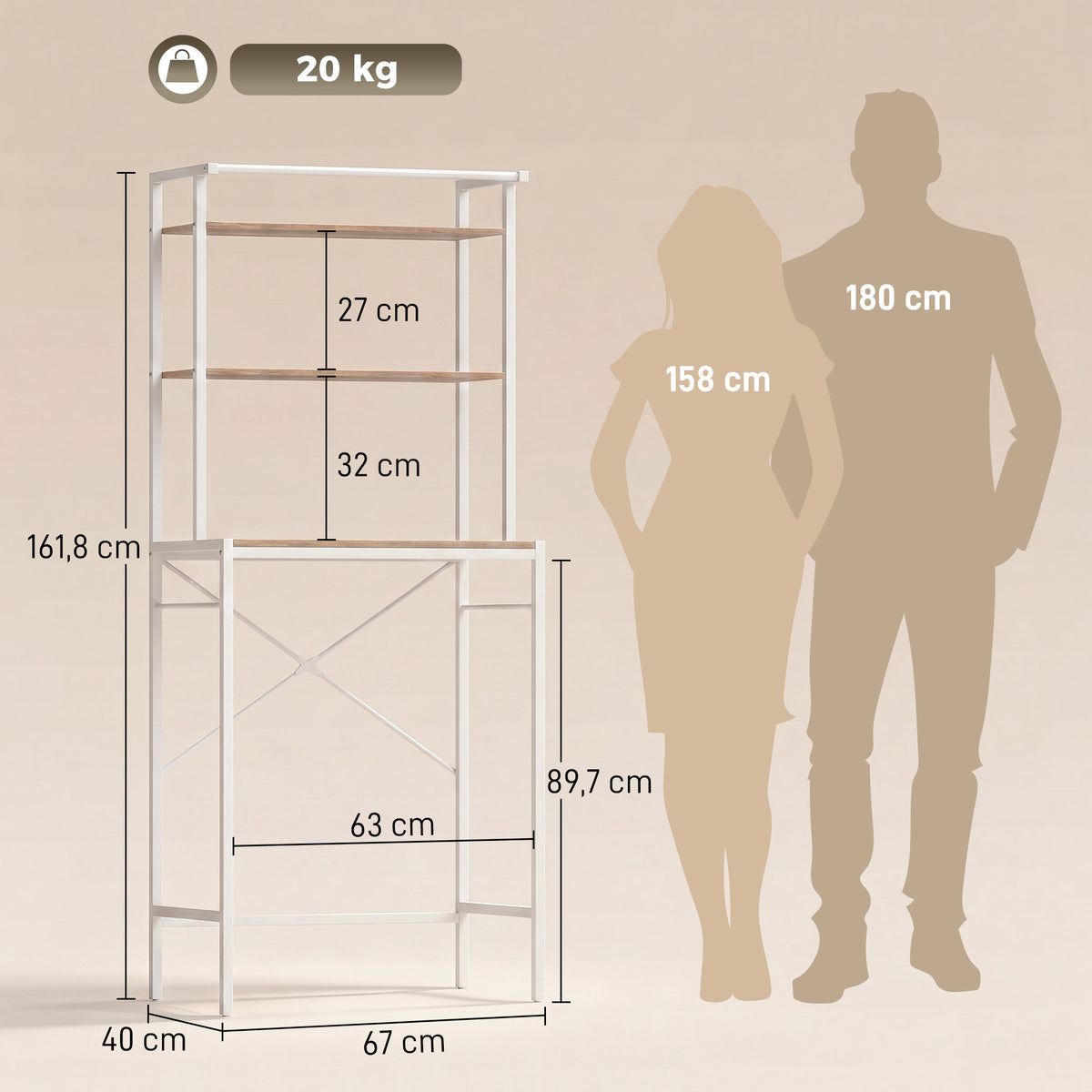 Étagère de Machine à Laver 3 Niveaux, Meuble pour Lave-Linge et Sèche-Linge avec Barre de Suspension, Marron et Blanc