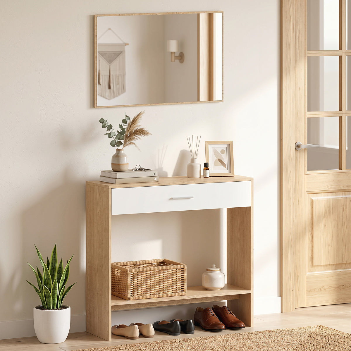 Console meuble + miroir, table console étroite avec tiroir et étagère, style moderne, 91,5 x 27,9 x 85,5 cm, chêne