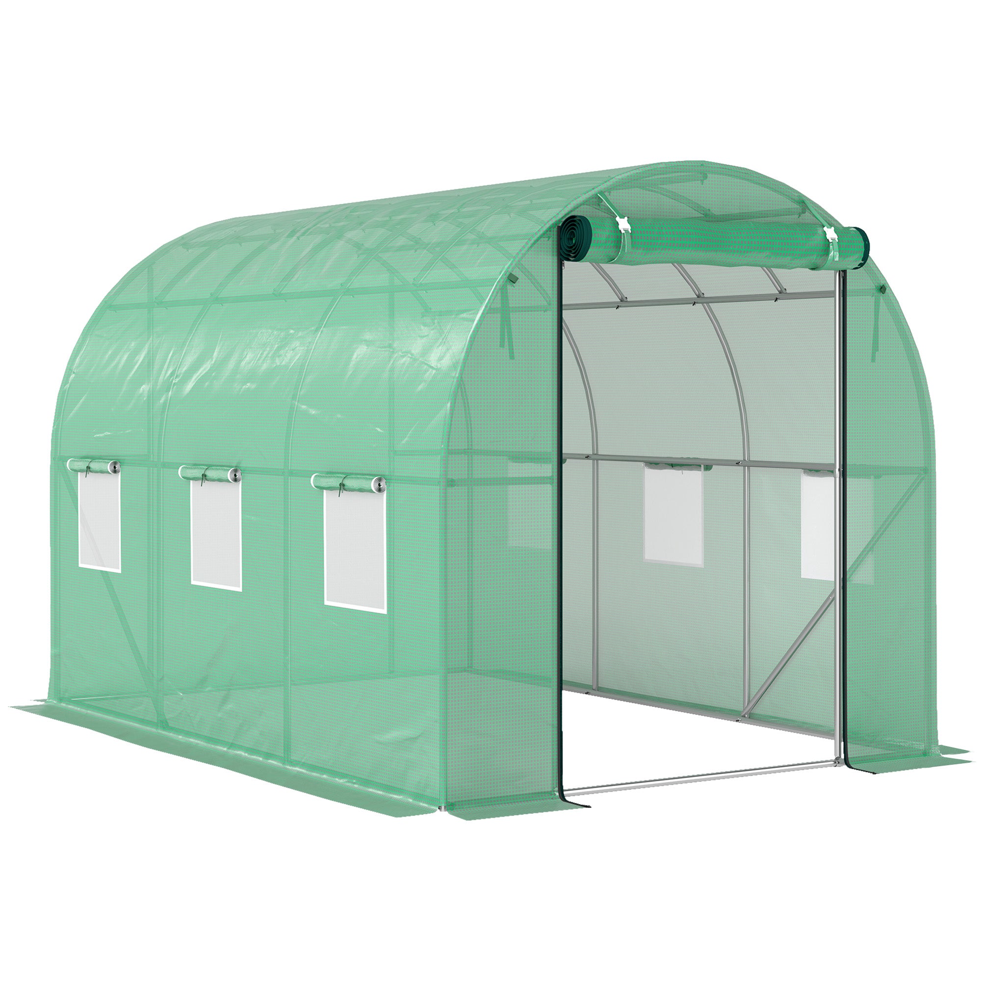 Serra a tunnel da giardino 3 x 2 x 2 m con porta avvolgibile e grandi finestre, in acciaio zincato e PE, verde