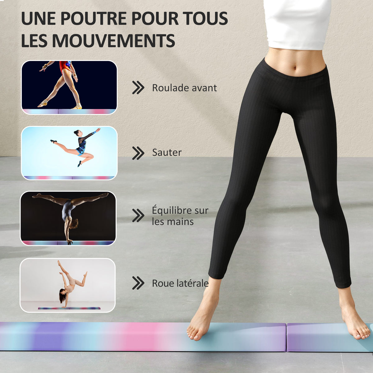 Poutre de gymnastique pliable fond antidérapant, poignée de transport, 236 x 10/15 x 6,5 cm multicolore