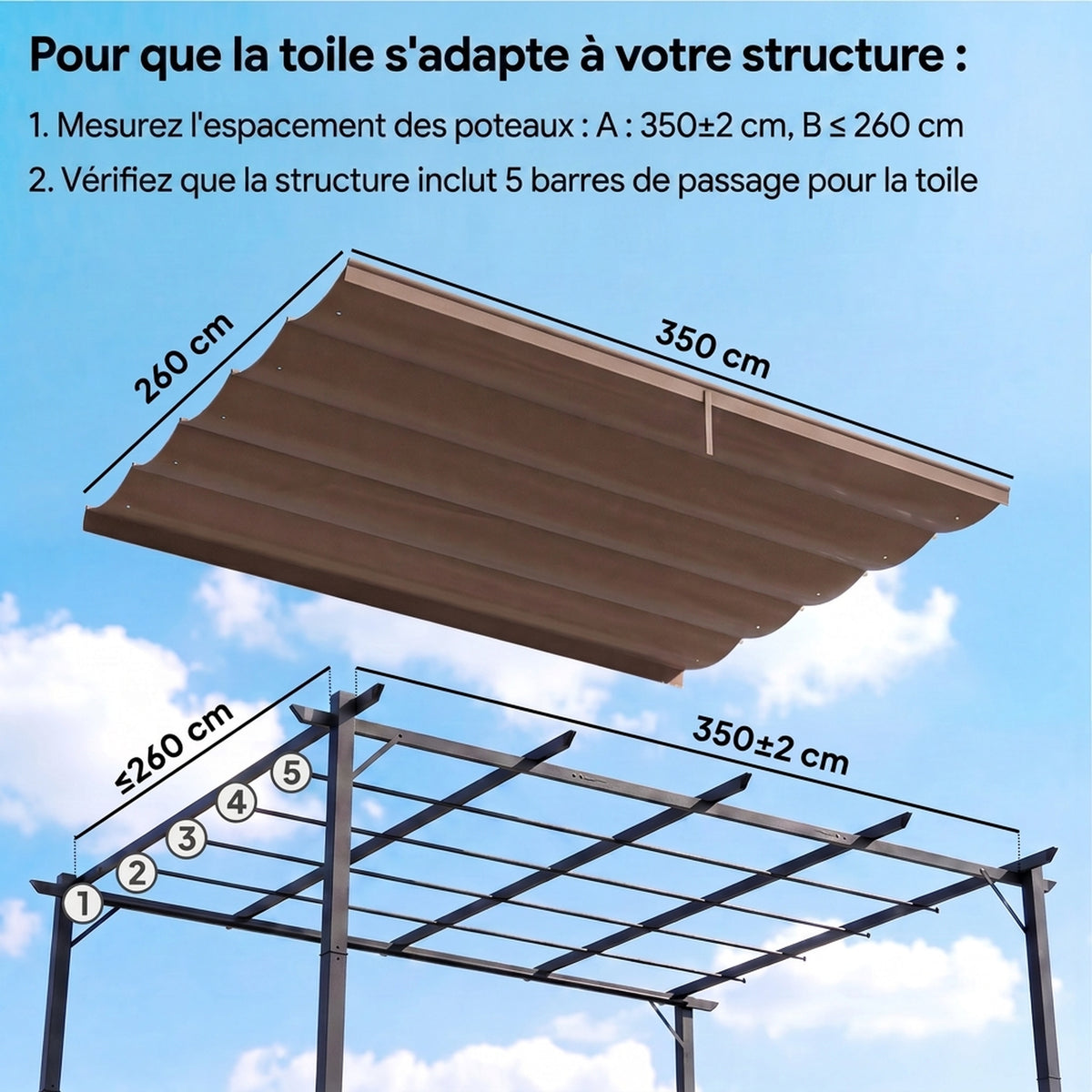 Toile de toit pour pergola tonnelle rétractable de 4 x 3 m - toile uniquement 350 x 260 cm café