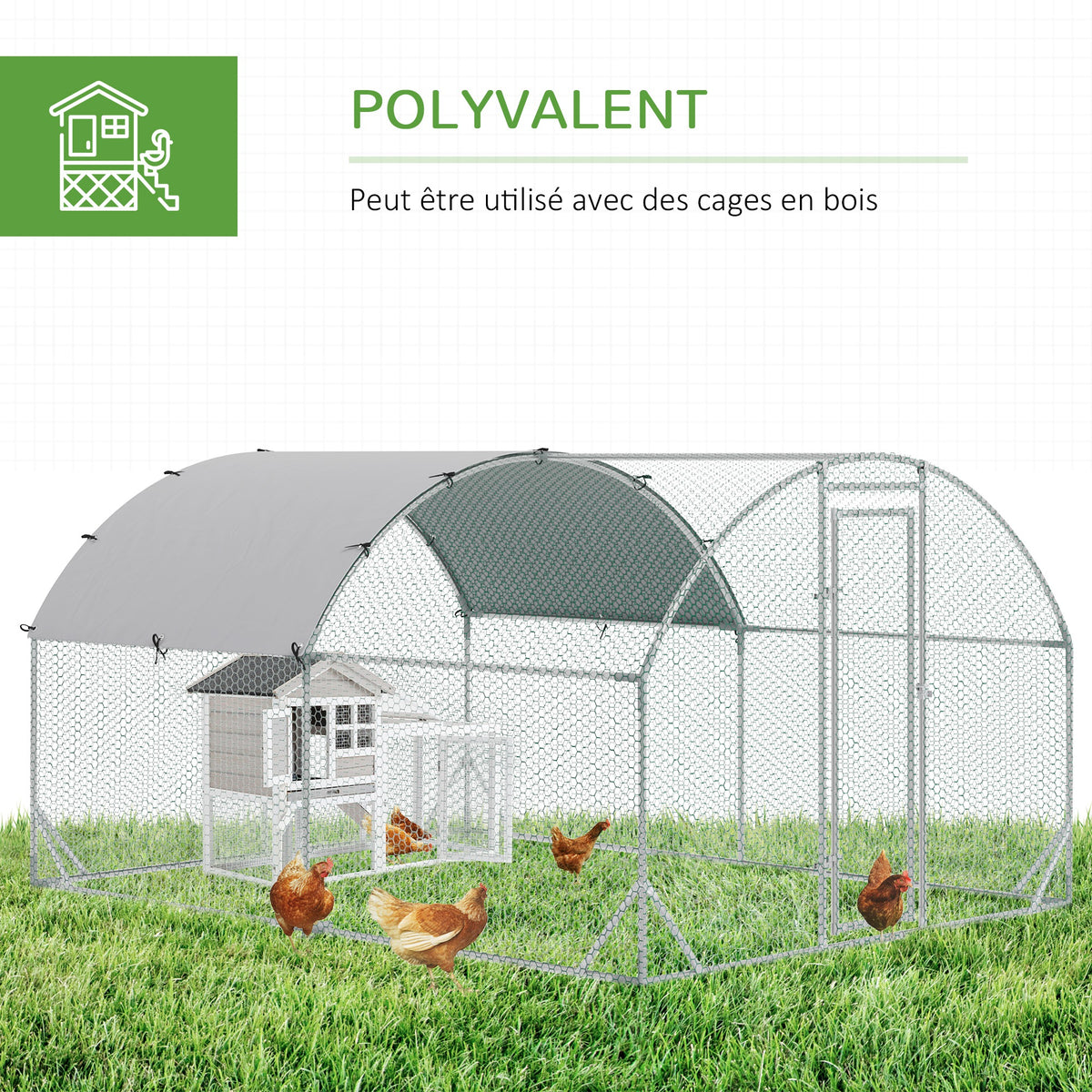 Grande voliera per polli 10,64 m² recinto recintato tetto anti-UV porta bloccabile 2,8 x 3,8 x 1,97 m argentato