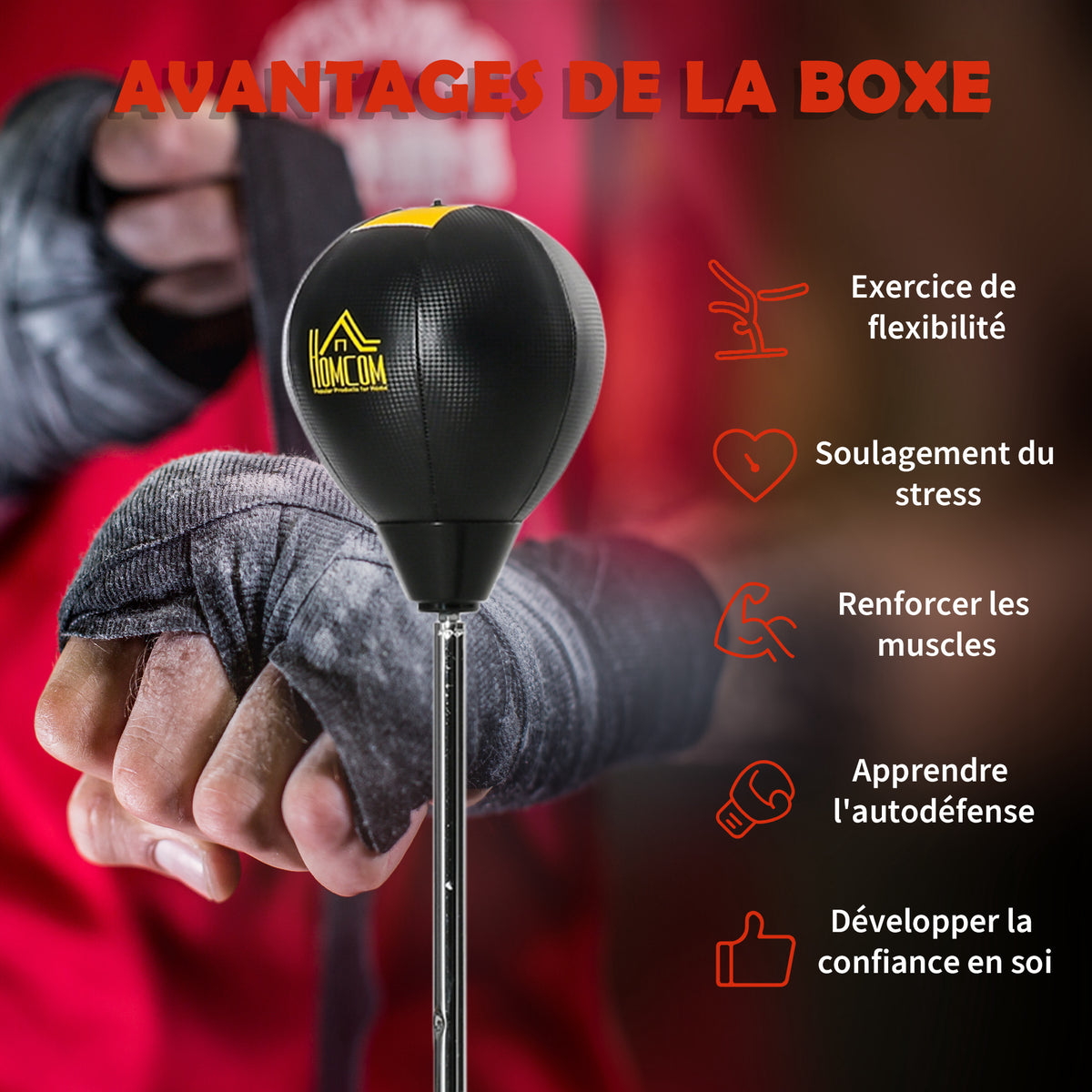 Punching ball sur pied réglable hauteur 133 -151 cm, sac de frappe sur pied 2 gants base lesté 45 x 45 x 133-151 cm noir