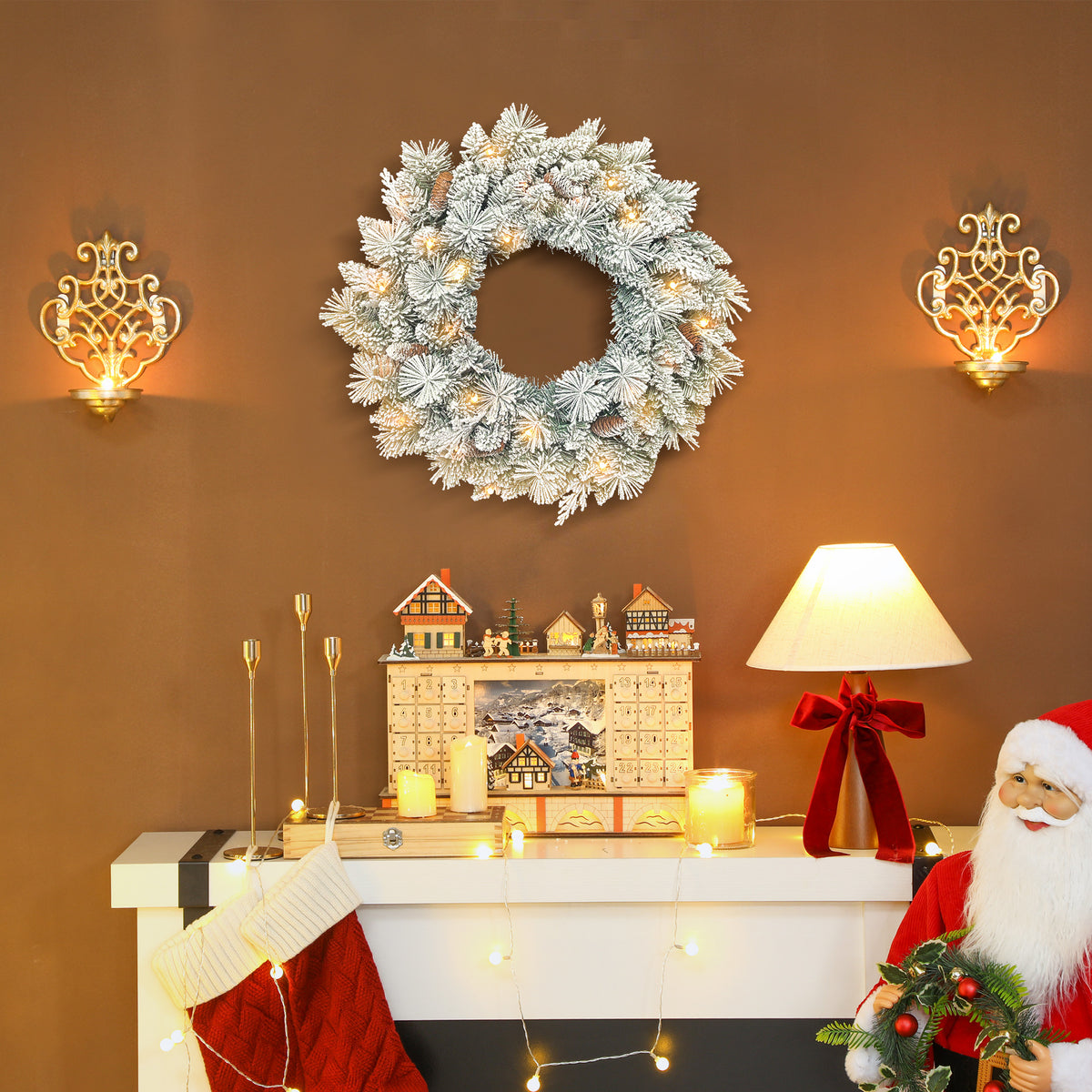 Couronne de Noël lumineuse 60 cm avec 35 LED blanc chaud, minuterie, 98 pointes, pommes de pin, vert et blanc