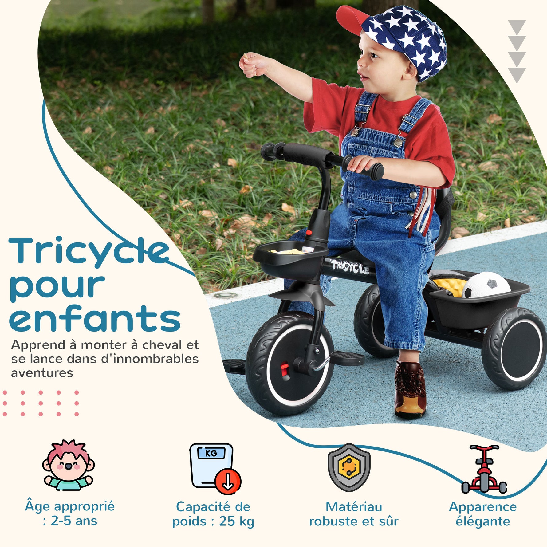 Tricycle pour enfant évolutif avec siège réglable pédales 2 paniers ceinture pour enfant de 2 à 5 ans noir