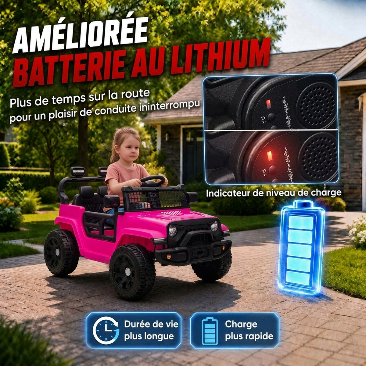 Elektro-Kinderauto 12V, Elektro-Buggy für Kinder, 2-4 km/h, 2 Motoren, Fernbedienung, Lithium-Akku, Rosa